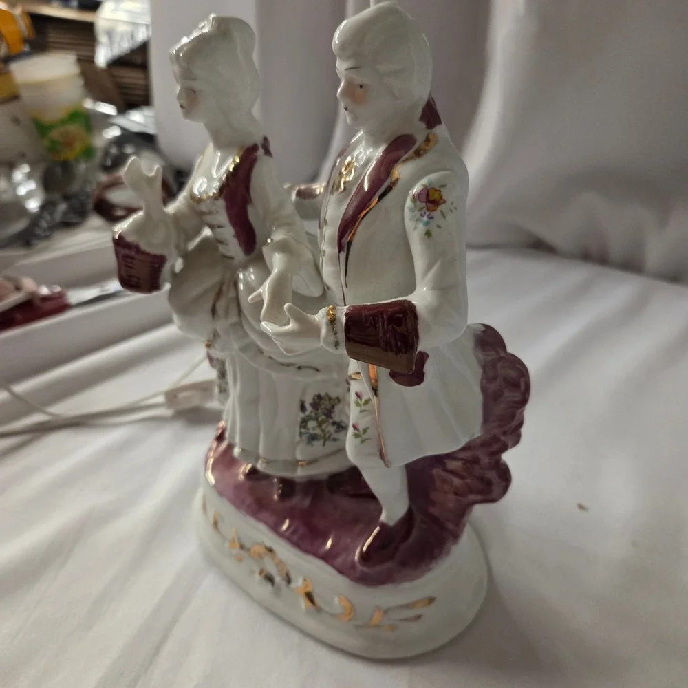 Vintage Porcelain Courting Couple Table Lamp Frosted Glass Tulip Shade Burgundy